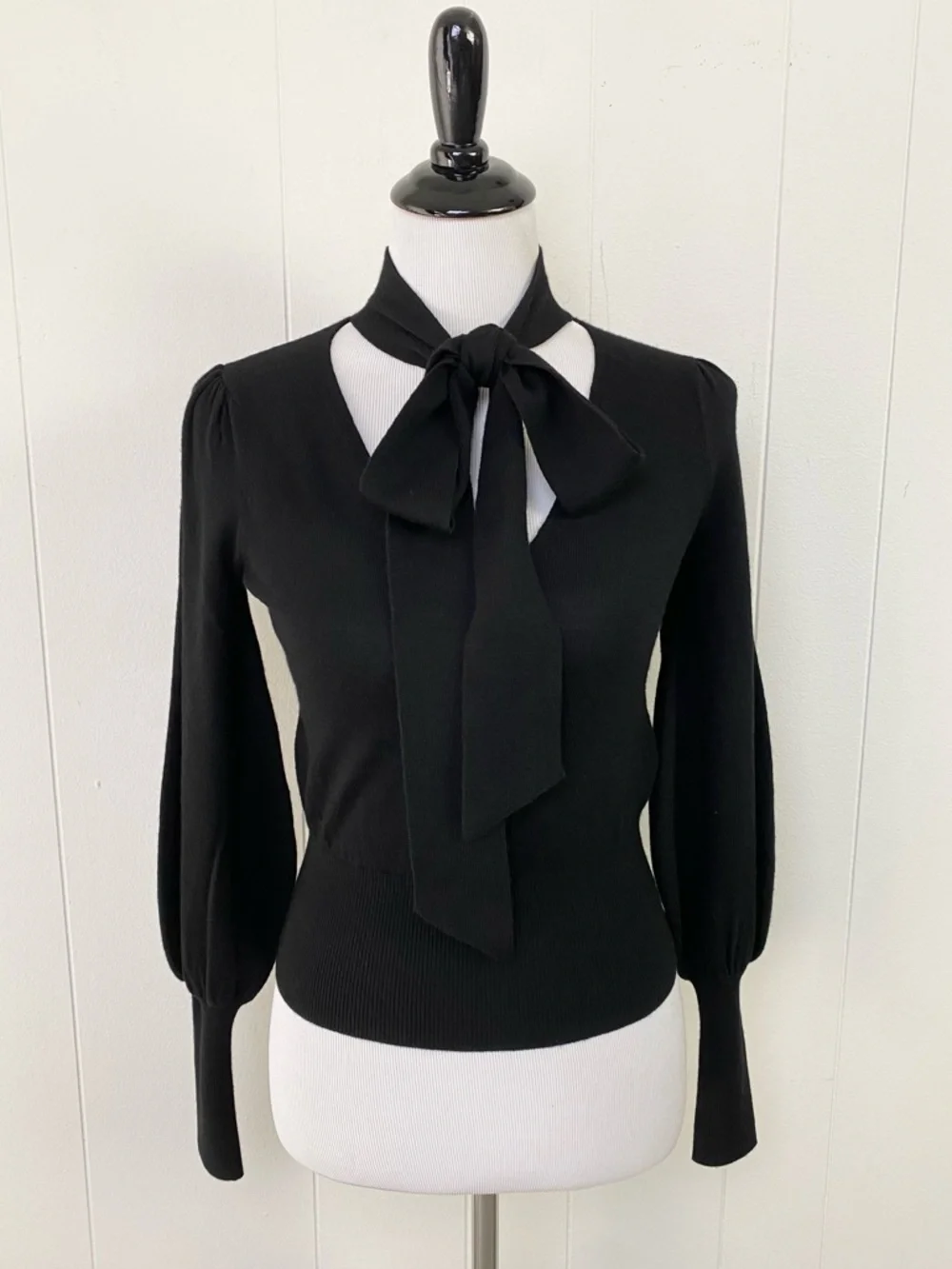 Zimmermann Black 100% Wool Sweater Puff‎ Sleeve Scoop Tie Neck Size 0P Elegant